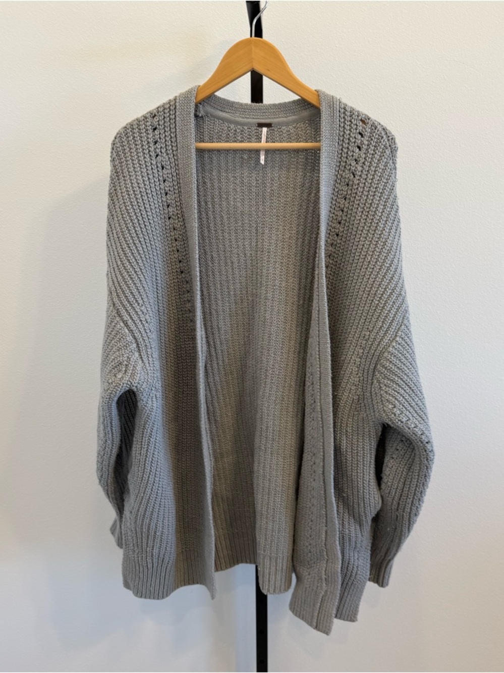Free People Nightingale Gray Open-Front Chunky Knit Cardigan Pockets Med Boho